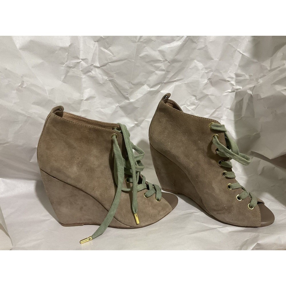 Joie Women's Brown Suede Peep Toe Lace Up Wedge Booties Sz EU 39.5/US 9